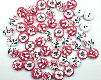 10 Holz Knöpfe rund 15mm Blume Blumen Mohnblume VINTAGE Knopf Kinderknöpfe Babyknöpfe klein Mädchen Baby Kinder button 2 Loch Hole rot weiß