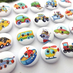 10 Wooden Car Airplane Round Buttons 15 mm VINTAGE Button Children's Buttons Baby Buttons Small Boys Baby Kids Button 2 Hole Hole Ship Colorful White image 2