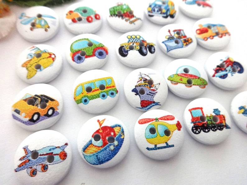 10 Wooden Car Airplane Round Buttons 15 mm VINTAGE Button Children's Buttons Baby Buttons Small Boys Baby Kids Button 2 Hole Hole Ship Colorful White image 2