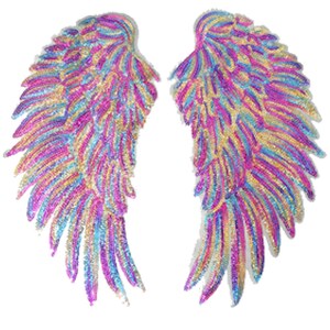 Könnte beinhalten: Zwei aufgenähte Engelsflügel mit Pailletten. Die Flügel sind eine lebendige Mischung aus Farben, darunter Rosa, Blau, Gelb und Silber. Die Federn sind in einem geschichteten Muster angeordnet, wodurch ein texturierter Effekt entsteht. Die Aufnäher sind ideal, um Kleidung oder Accessoires dekorativ zu gestalten.