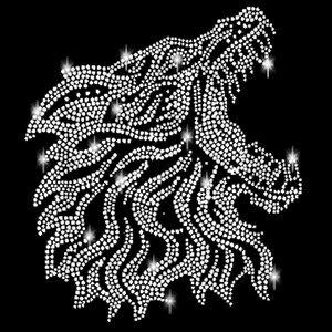 Könnte beinhalten: Ein weißer Strass-Design eines Löwenkopfes vor schwarzem Hintergrund.
