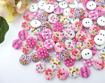 10 Holz Knöpfe Blumen rund 15mm Punkte VINTAGE Knopf Kinderknöpfe Babyknöpfe klein Baby Kinder button 2 Loch Hole bunt rosa pink Karo Muster