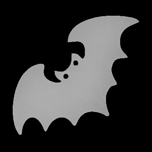 Peut inclure: Une découpe de chauve-souris en papier gris avec un design simple. La chauve-souris a deux petits yeux noirs et une bouche légèrement ouverte.
