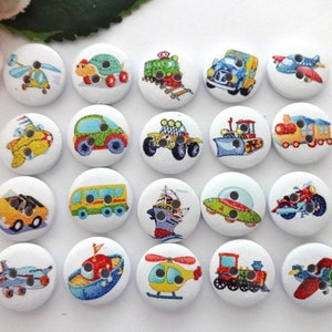 10 Wooden Car Airplane Round Buttons 15 mm VINTAGE Button Children's Buttons Baby Buttons Small Boys Baby Kids Button 2 Hole Hole Ship Colorful White image 1