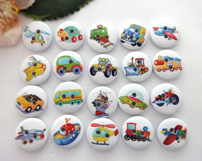 10 Wooden Car Airplane Round Buttons 15 mm VINTAGE Button Children's Buttons Baby Buttons Small Boys Baby Kids Button 2 Hole Hole Ship Colorful White image 1