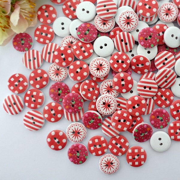 10 wooden buttons red pattern round 15 mm dots checked stripes VINTAGE button children's buttons baby buttons flower baby children's button 2-hole hole colorful white