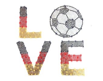 XL Strass Fussball Bügelbild Applikation Fußball Love Deutschland Germay soccer WM EM Fahne Flagge Liebe hotfix Applikationen Strasssteine