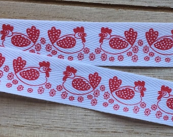 Woven ribbon, twill ribbon, printed, chickens, 20 mm wide