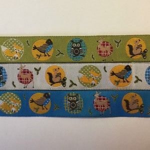 Webband &quot;Eule, Eichhörnchen & Co&quot; in grün, weiß und blau