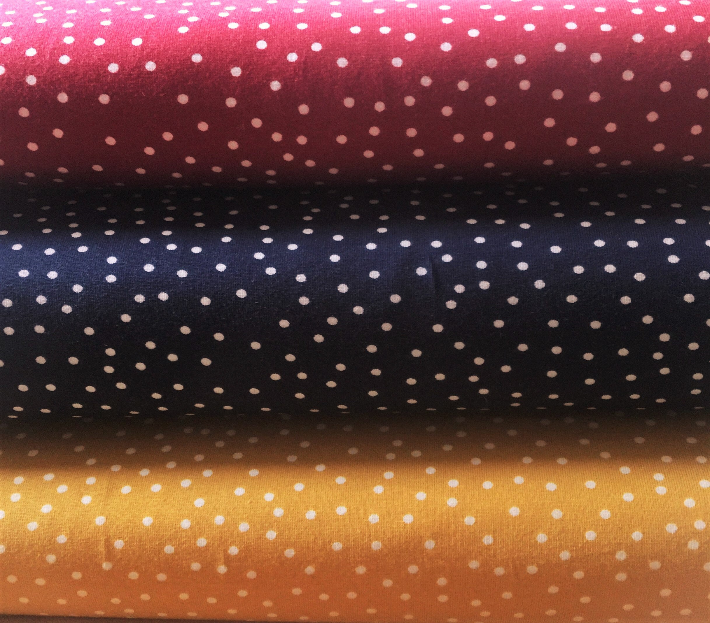 Organic jersey dots, "organic and fair", warm yellow, rich dark blue and strong red