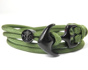 Edelstahl Anker Armband-Wickelarmband-Verstellbar-Surfer Armband-aus US Paracord III-Fern Green