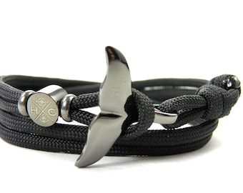 Stainless Steel Whale Fins Bracelet-Wrap Bracelet-Adjustable-Surfer Bracelet-from US Paracord III-Black