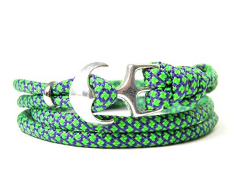 Maritime Surfer Anchor Bracelet- Made US Paracord Type III-Adjustable Unisex Wrap Bracelet- Acid Purple & Neon Green Diamonds