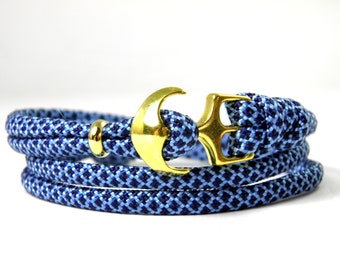 Maritime Surfer Anchor Bracelet-made US Paracord Type III-Adjustable-Unisex Wrap Bracelet-Baby Blue & Midnight Blue Diamonds