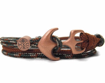 Chic Stainless Steel Anchor Bracelet-in 2 Colors Paracord Wrap Bracelet-Adjustable Surfer Bracelet-Woodland Camo & Chocolate Brown