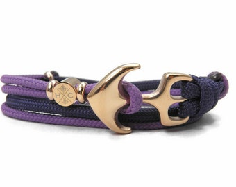 Chic Stainless Steel Anchor Bracelet-in 2 Colors Paracord Wrap Bracelet-Adjustable Surfer Bracelet-Marine Blue & Lilac
