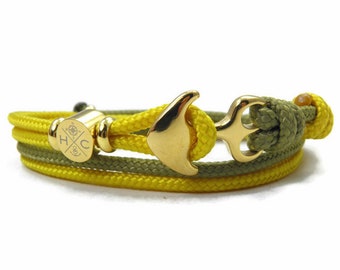 Chic Stainless Steel Anchor Bracelet-in 2 Colors Paracord Wrap Bracelet-Adjustable Surfer Bracelet-Moss & Yellow