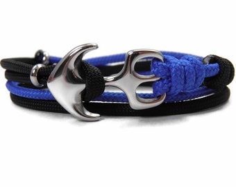 Chic Stainless Steel Anchor Bracelet-in 2 Colors Paracord Wrap Bracelet-Police Thin Blue Line Adjustable Surfer Bracelet-Black & Thin Blue Line