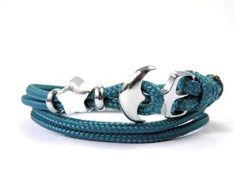 Edelstahl Anker Armband-925 Silber Stern-Wickelarmband-Verstellbar-Surfer Armband-aus US Paracord II-Unisex-Teal