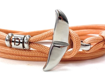 Stainless steel whale fin bracelet with letter-wrap bracelet-adjustable-surfer bracelet-made of US Paracord III-rose pink