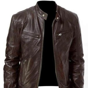 Men's Vintage Cafe Racer Brown Genuine Leather Slim Fit Real Biker Jacket