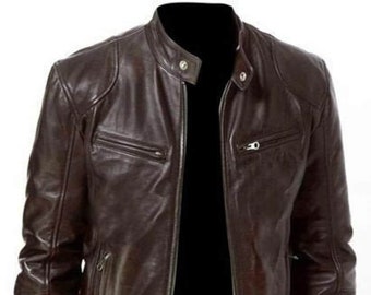 Men's Vintage Cafe Racer Brown Genuine Leather Slim Fit Real Biker Jacket