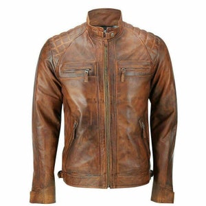 Mens Fitted Tan Brown Real Leather Biker Jacket Zipped Vintage - Etsy UK