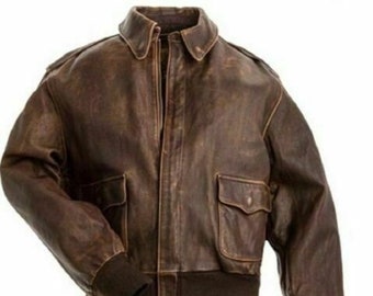 Men's Brown Real A2 Flight Pilot Bomber Distressed Real Genuine Leather Jacket