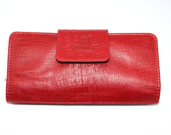 Cartera de mano de cuero puro para mujer estilo cocodrilo rojo con múltiples tarjeteros y bolsillos para efectivo