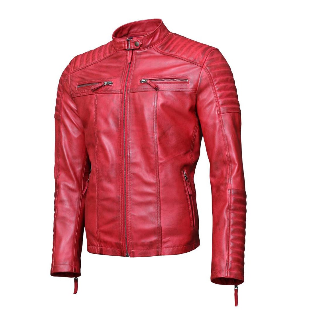 Mens Leather Jacket Red Biker Jacket Motorcycle Jacket Cafe Etsy UK