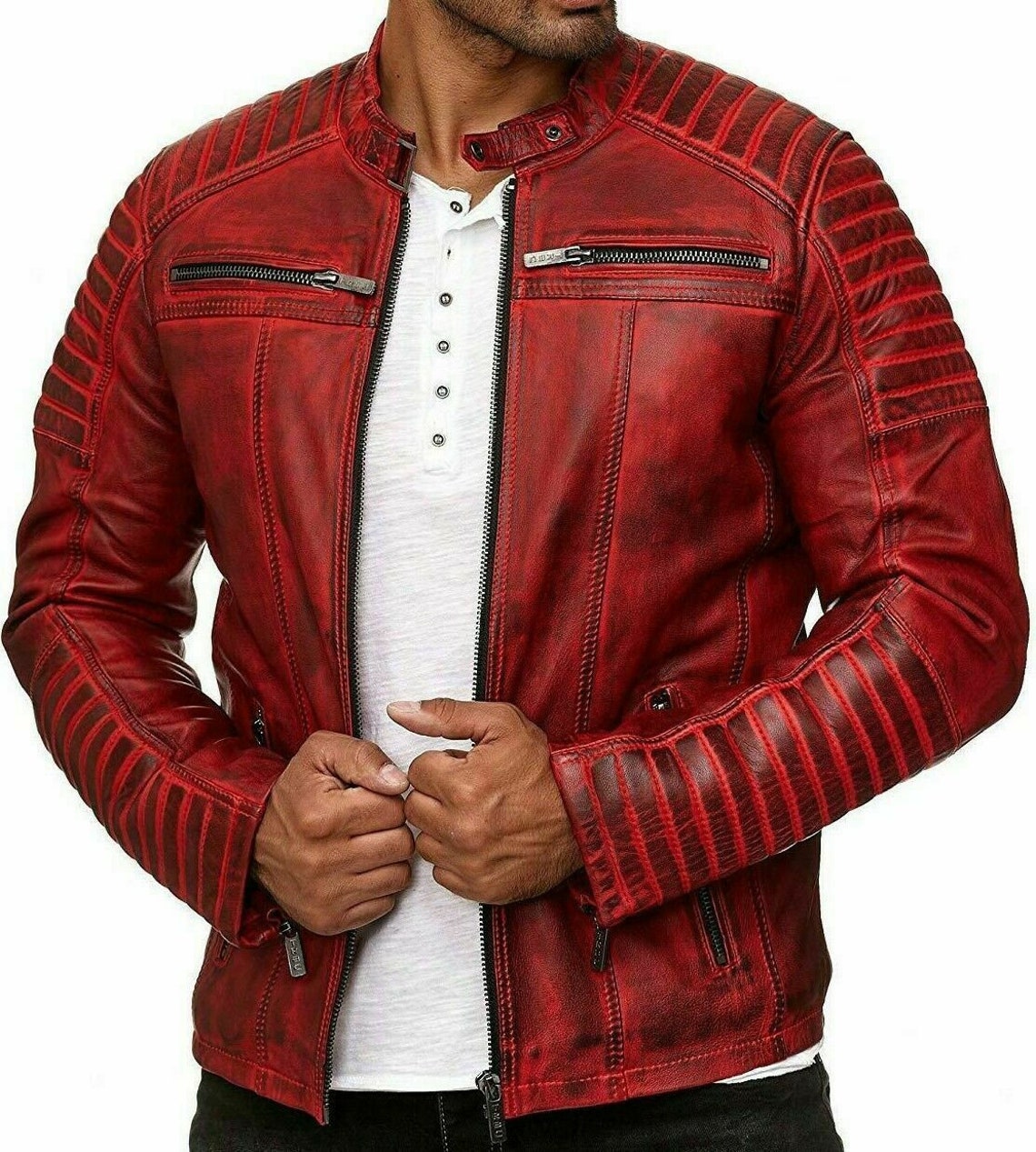 Mens Leather Jacket Red Biker Jacket Motorcycle Jacket Cafe Etsy UK