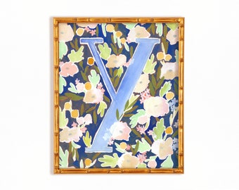 Letter Y art print, Navy Blue and White Floral Painting, Floral Watercolor wall art, Wall decor for bedroom, Y initial art, Monogram print