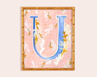 Girl's room artwork letter U, Watercolor Initial art. Watercolor Letter painting, Pink Wall art. Pink Girl's Room Decor. Pink watercolor.