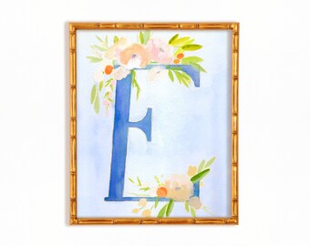 Floral monogram artwork letter E, Initial artwork initial E, watercolor monogram E, letter E print, art letter E printable, initial E decor