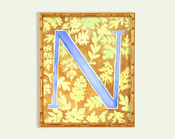 Letter N initial artwork, letter N watercolor monogram, Letter N home decor, yellow wall art, Entryway artwork, Initial art for Living Room.