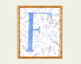 Letter F, Blue Letter F, F initial artwork, Nursery art print, nursery artwork, Floral F painting, Nursery Letter Print, Watercolor Print