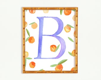 Citrus Watercolor Letter B initial, Citrus Painting, Letter B Painting, Blue Letter B Painting, Initial Artwork, Oranges art print for Entry