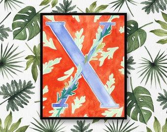 Letter X art print. Colorful art for playroom. Bright Watercolor Wall art. Red Letter Art. Bright painting for kids room. Letter X Initial.