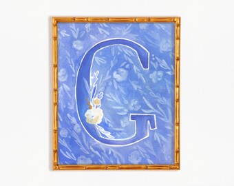 Letter G Art Print, Blue and White Decor. Blue Initial Art. Nursery Art for Girl's Room, Blue art for Girl's Room. Living Room Initial Print