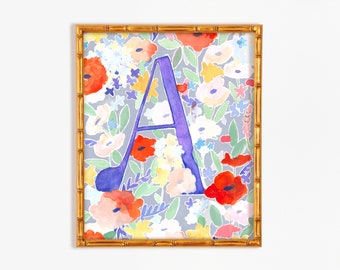 Letter A print, Floral initial wall decor, floral nursery letter print, watercolor painting for nursery, floral initial "A" wall decor