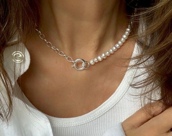 Chain half baroque pearl and links 925 Sterling silver