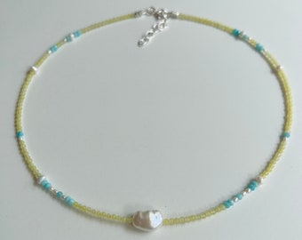 Lemon jade necklace with amazonite and freshwater pearl 925 sterling silver