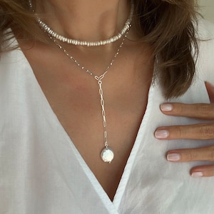 Y necklace with Keshi pearl 925 sterling silver