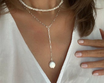 Y-necklace with Keshi pearl 925 sterling silver