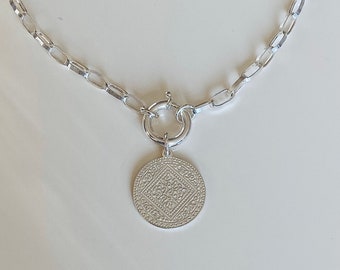 Link chain with large coin pendant 925 sterling silver