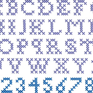 Puede incluir: Un alfabeto y números en punto de cruz en morado y azul. Las letras son mayúsculas y los números van del 0 al 9.