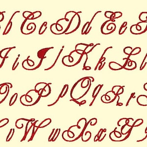 May include: A complete alphabet in a decorative, cursive font. The letters are in a deep red color, set against a cream-colored background. The style is elegant and suitable for invitations or personalized crafts.