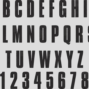 May include: Black uppercase alphabet letters and numbers 0-9 are displayed against a light gray background. The letters are in a bold, sans-serif font. The numbers are also in a bold font. The image is a simple, clean presentation of the alphabet and numbers.
