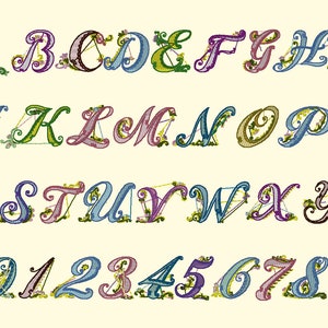 Peut inclure: Un ensemble brodé de l'alphabet et des chiffres dans un style décoratif et orné. Chaque lettre et chiffre est d'une couleur différente, notamment le vert, le bleu, le violet et l'or, avec des accents floraux. Le fond est beige clair.