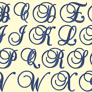 May include: A complete alphabet in a dark blue, elegant, cursive font. Each letter is intricately designed with swirls and loops, set against a cream-colored background. The letters are evenly spaced and arranged in rows.